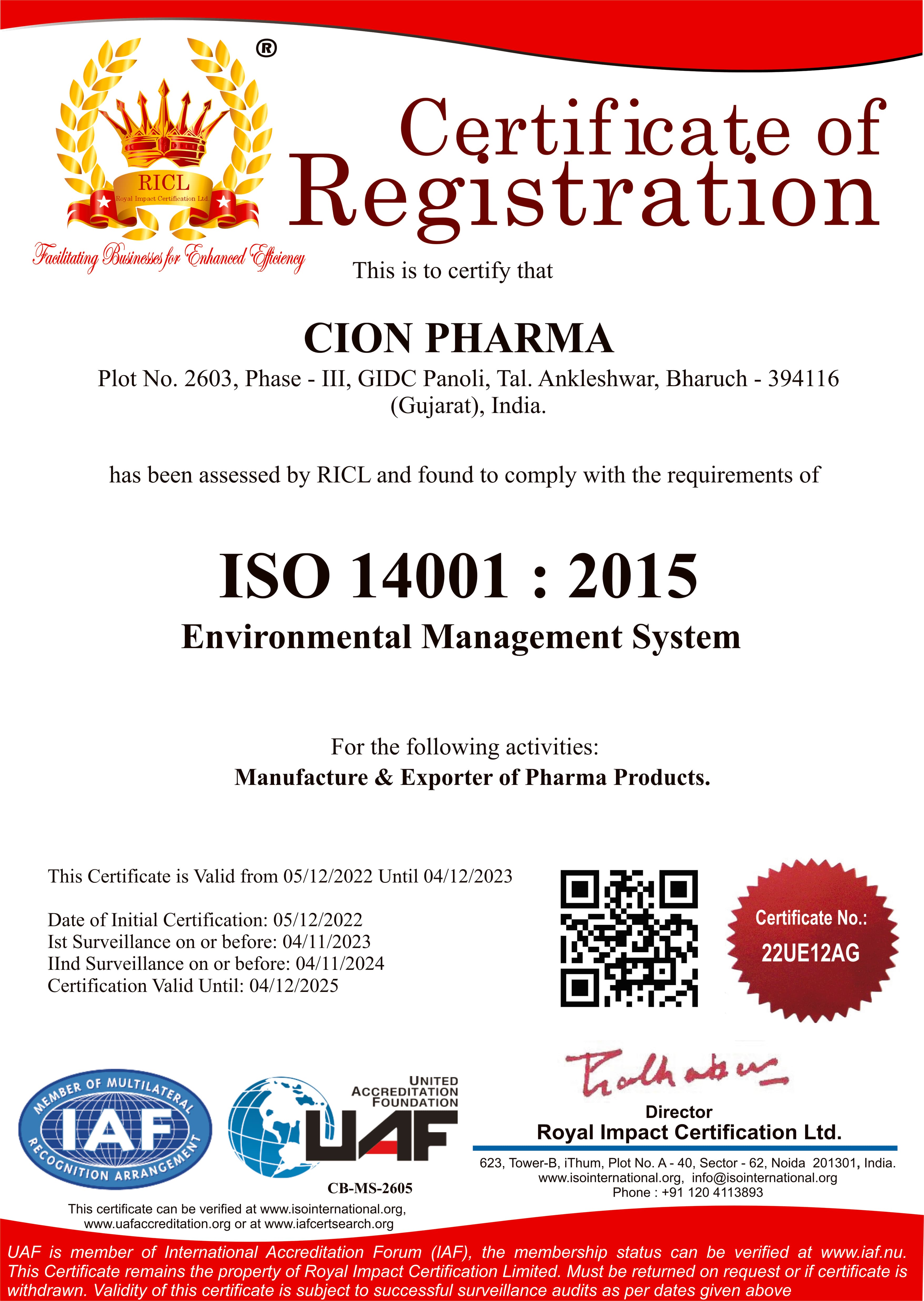 ISO 14001-2015 Environmental Management System certificate