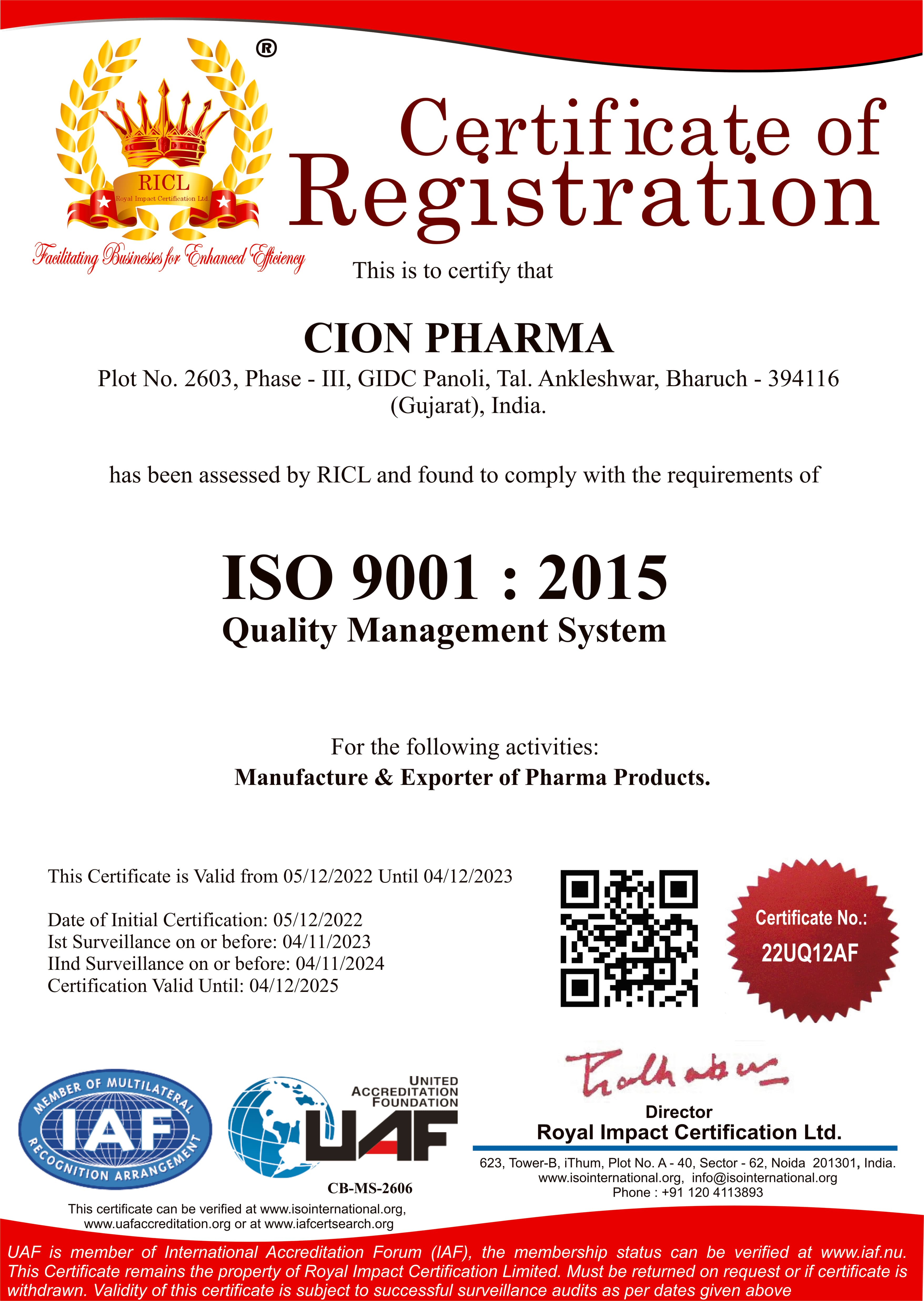 ISO 9001-2015 Quality Management System certificate